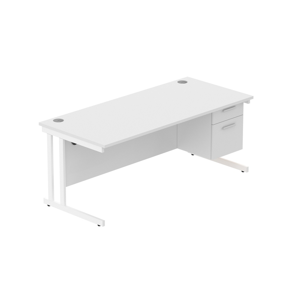 Office Rectangular Desk With Steel Double Upright Cantilever Legs + 2 Draw Fixed Pedestal  (Fsc) | 1800X800 | Arctic White/White