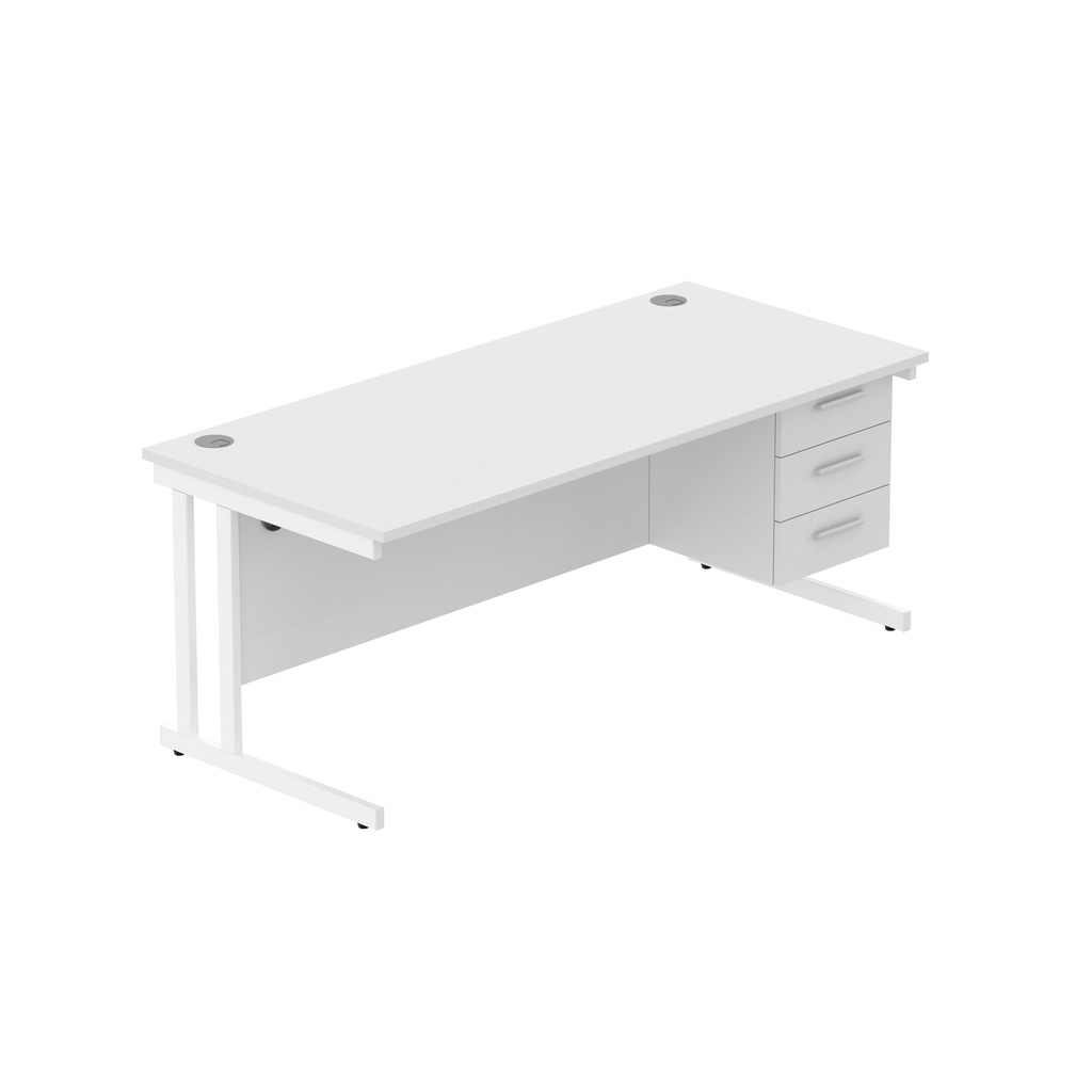 Office Rectangular Desk With Steel Double Upright Cantilever Legs + 3 Draw Fixed Pedestal  (Fsc) | 1800X800 | Arctic White/White