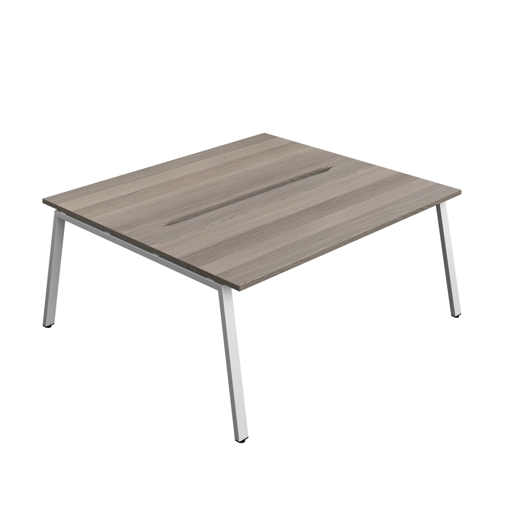 Synergy Bench With Cut Out: 2 Person (Fsc) | A-Frame Leg | 1800 X 800 | Grey Oak/Silver