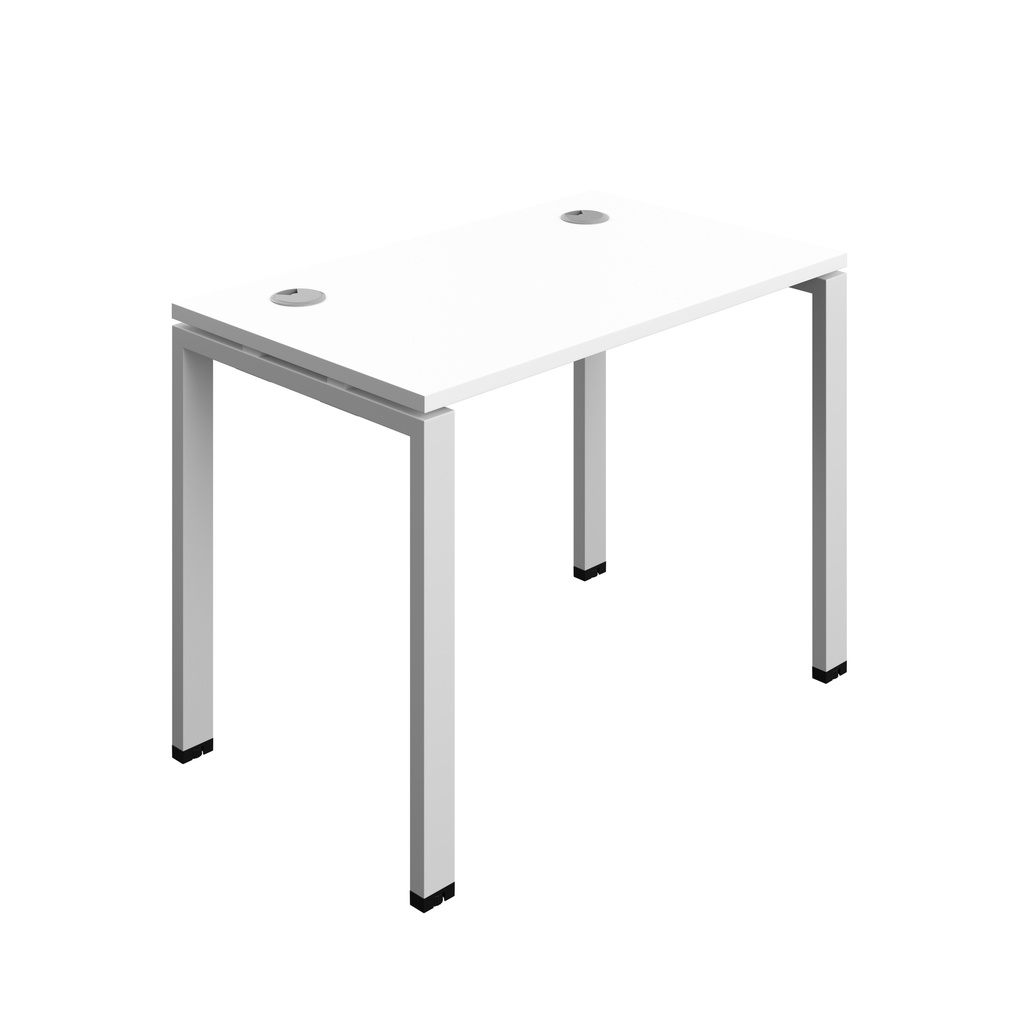 Synergy|1P Bench Desk|Cable Ports|Goal Post|1000X700|White-Silver