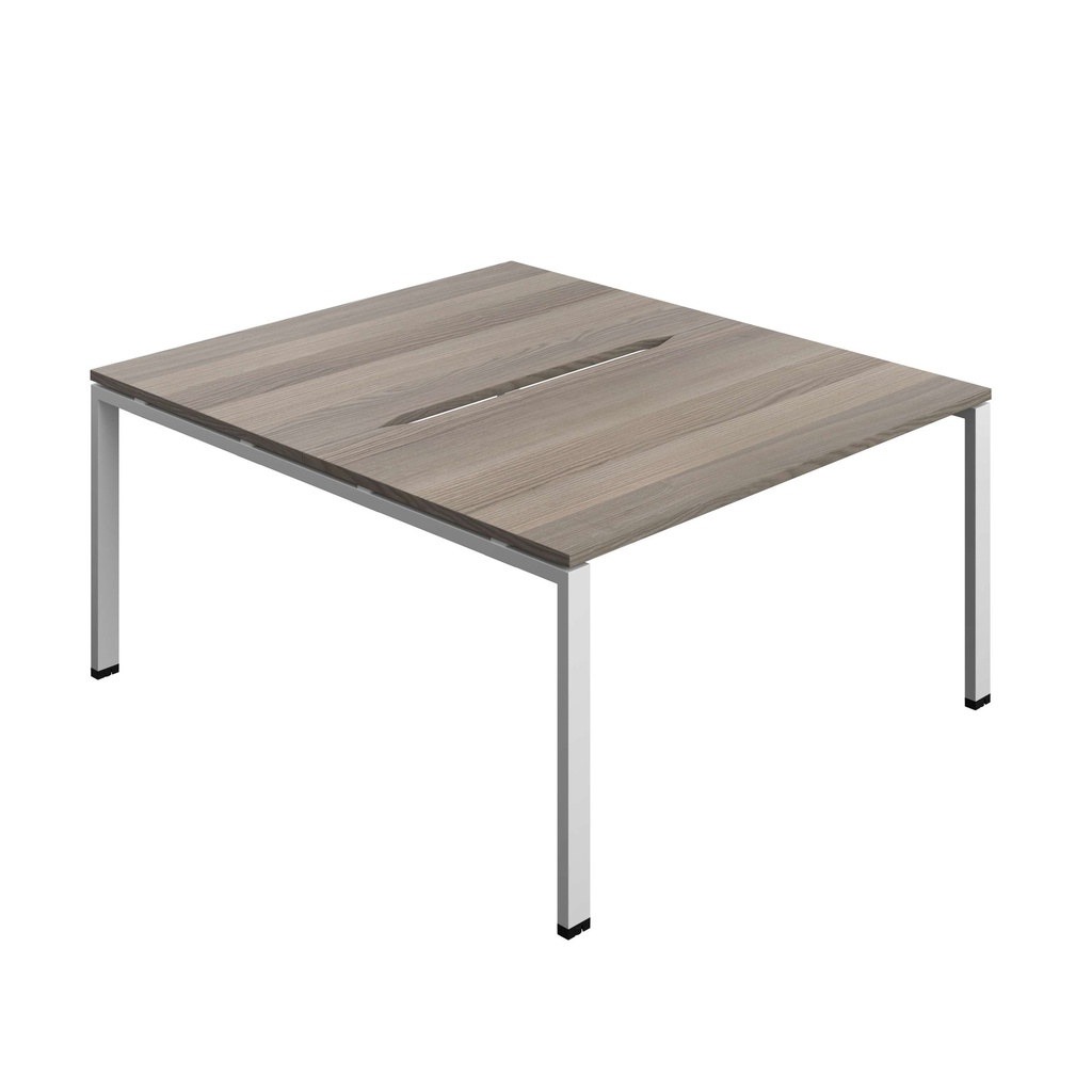 Synergy Bench With Cut Out: 2 Person (Fsc) | Goal Post Leg | 1400 X 800 | Grey Oak/Silver