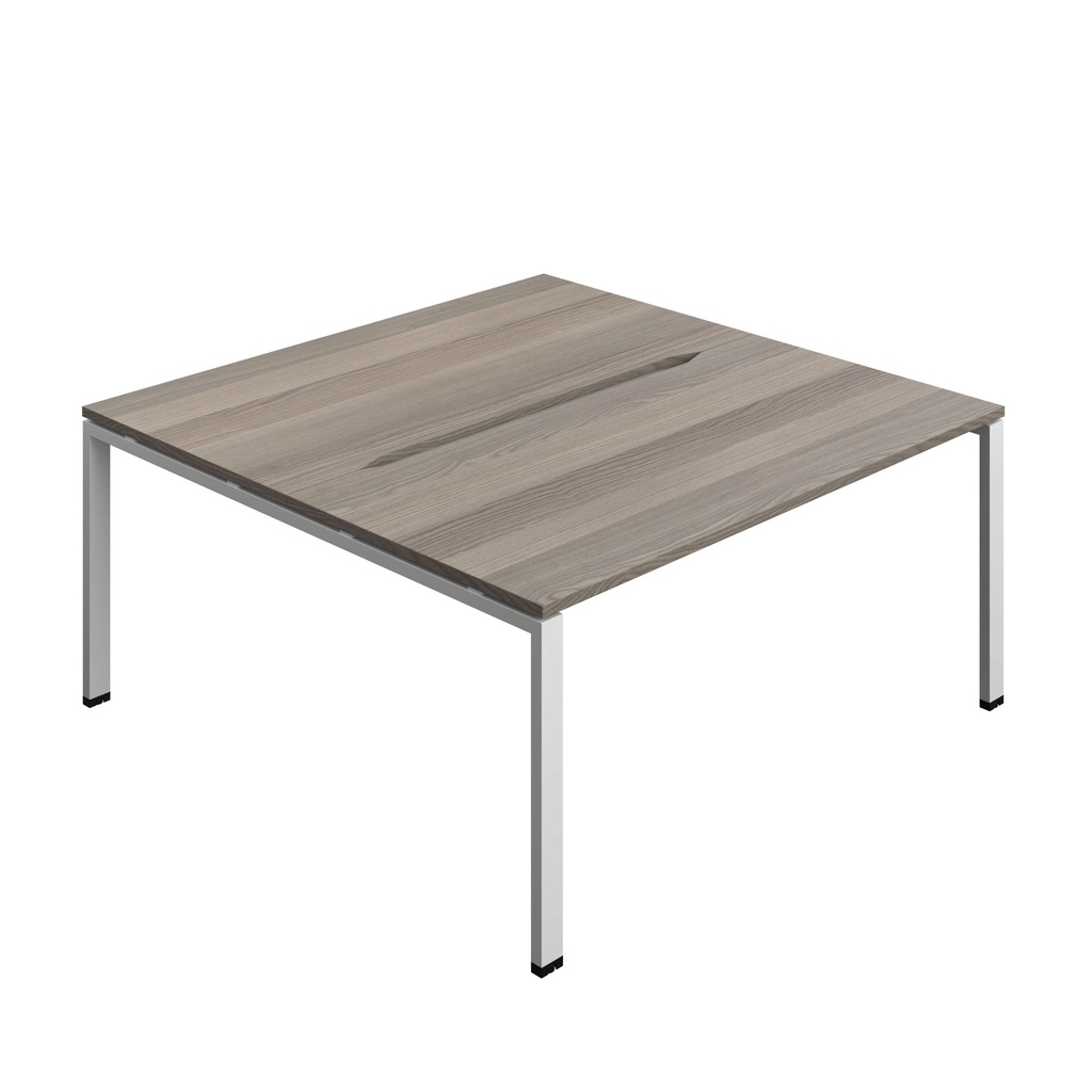 Synergy Bench With Cut Out: 2 Person (Fsc) | Goal Post Leg | 1600 X 800 | Grey Oak/Silver