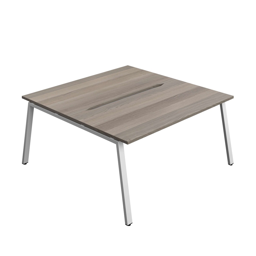 Synergy Bench With Cut Out: 2 Person (Fsc) | A-Frame Leg | 1600 X 800 | Grey Oak/Silver