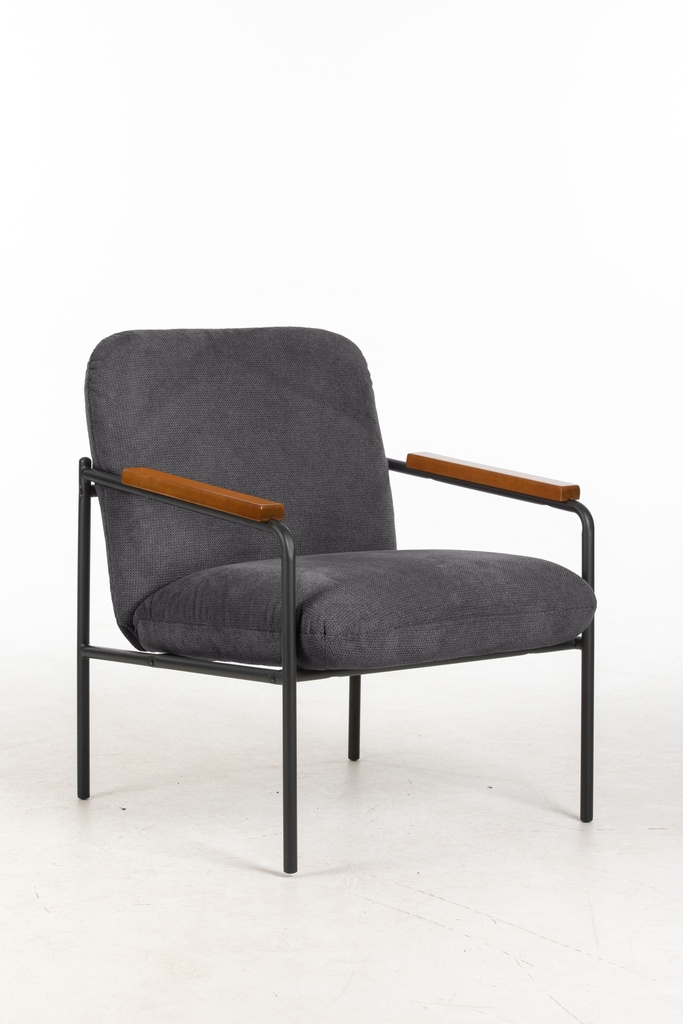 Settle Reception Chair  Black Wire Frame  Dark Brown Wooden Arm Pads  Grey Fabric