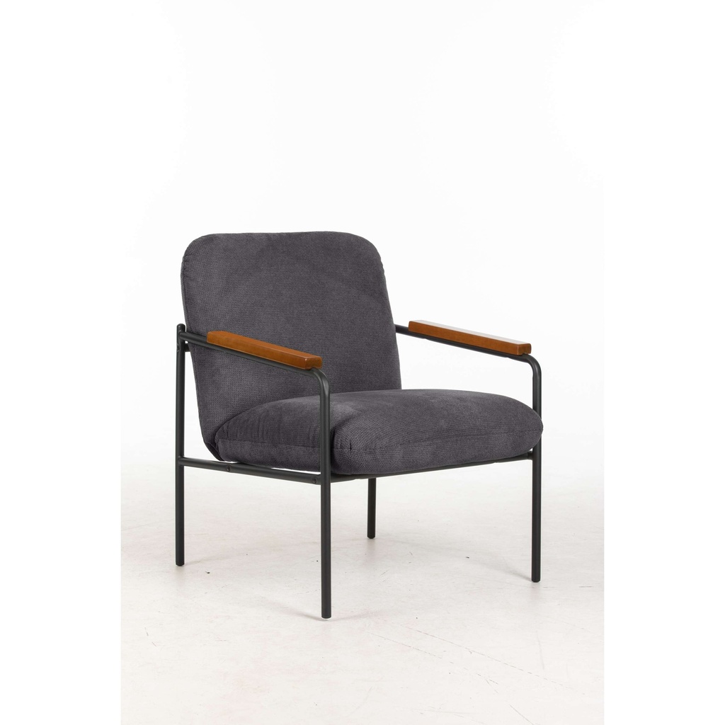 Settle Reception Chair  Black Wire Frame  Dark Brown Wooden Arm Pads  Grey Fabric