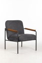 Settle Reception Chair  Black Wire Frame  Dark Brown Wooden Arm Pads  Grey Fabric