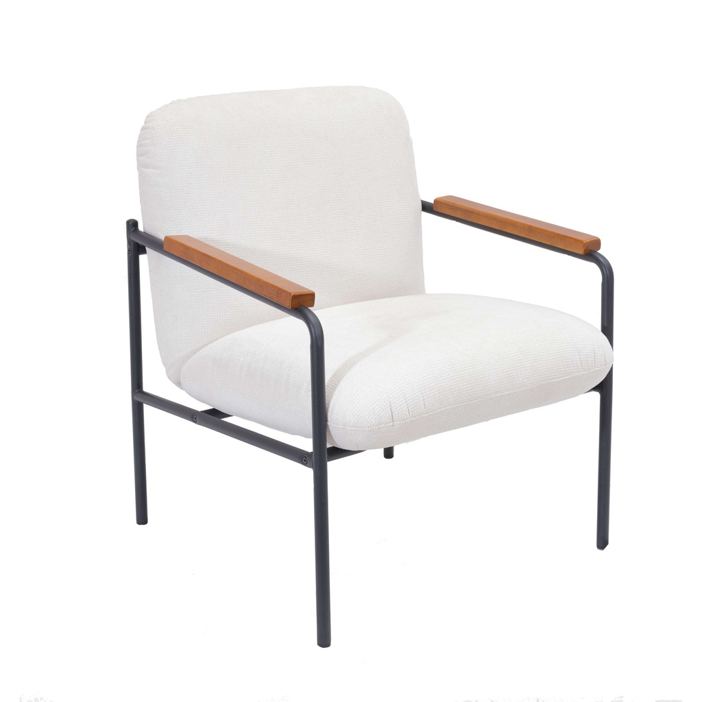 Settle Reception Chair Black Wire Frame Natural Wooden Arm Pads Cream Fabric