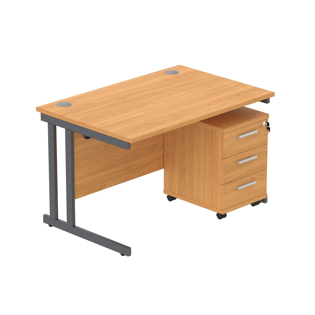 Double Upright Rectangular Desk + 3 Drawer Mobile Under Desk Pedestal (Fsc) | 1200X800 | Norwegian Beech/Graphite