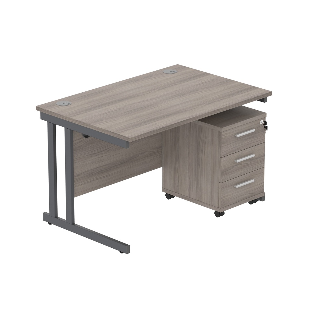 Double Upright Rectangular Desk + 3 Drawer Mobile Under Desk Pedestal (Fsc) | 1200X800 | Alaskan Grey Oak/Graphite