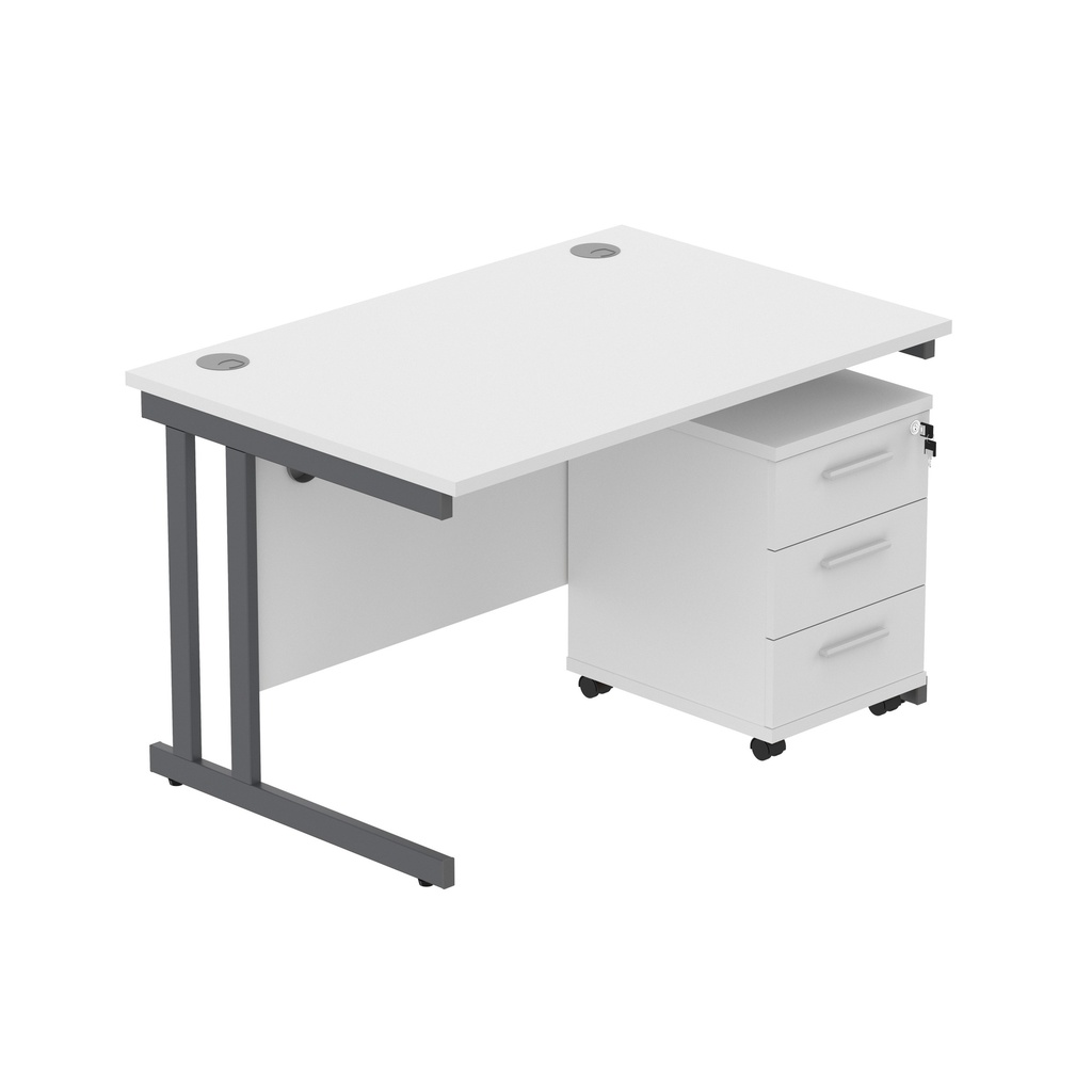 Double Upright Rectangular Desk + 3 Drawer Mobile Under Desk Pedestal (Fsc) | 1200X800 | Arctic White/Graphite