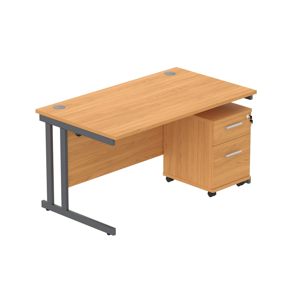 Double Upright Rectangular Desk + 2 Drawer Mobile Under Desk Pedestal (Fsc) | 1400X800 | Norwegian Beech/Graphite