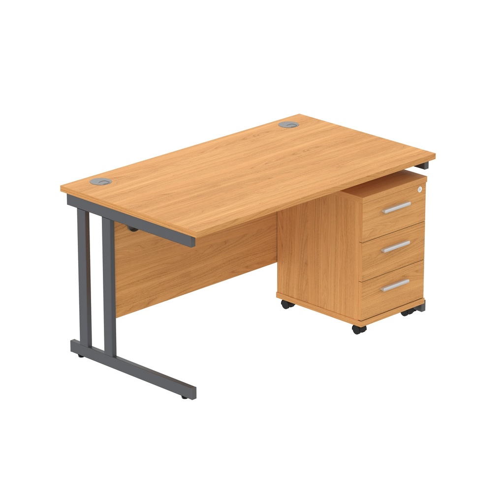 Double Upright Rectangular Desk + 3 Drawer Mobile Under Desk Pedestal (Fsc) | 1400X800 | Norwegian Beech/Graphite