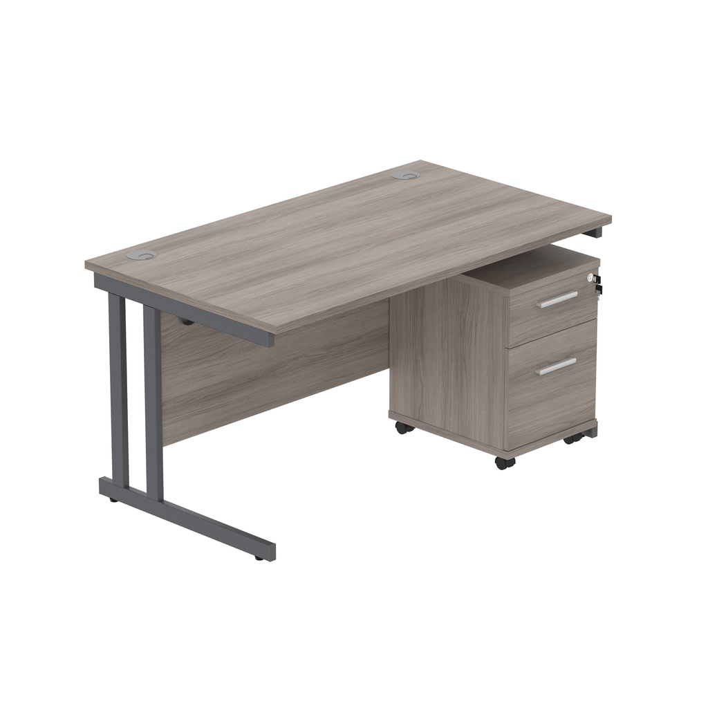 Double Upright Rectangular Desk + 2 Drawer Mobile Under Desk Pedestal (Fsc) | 1400X800 | Alaskan Grey Oak/Graphite