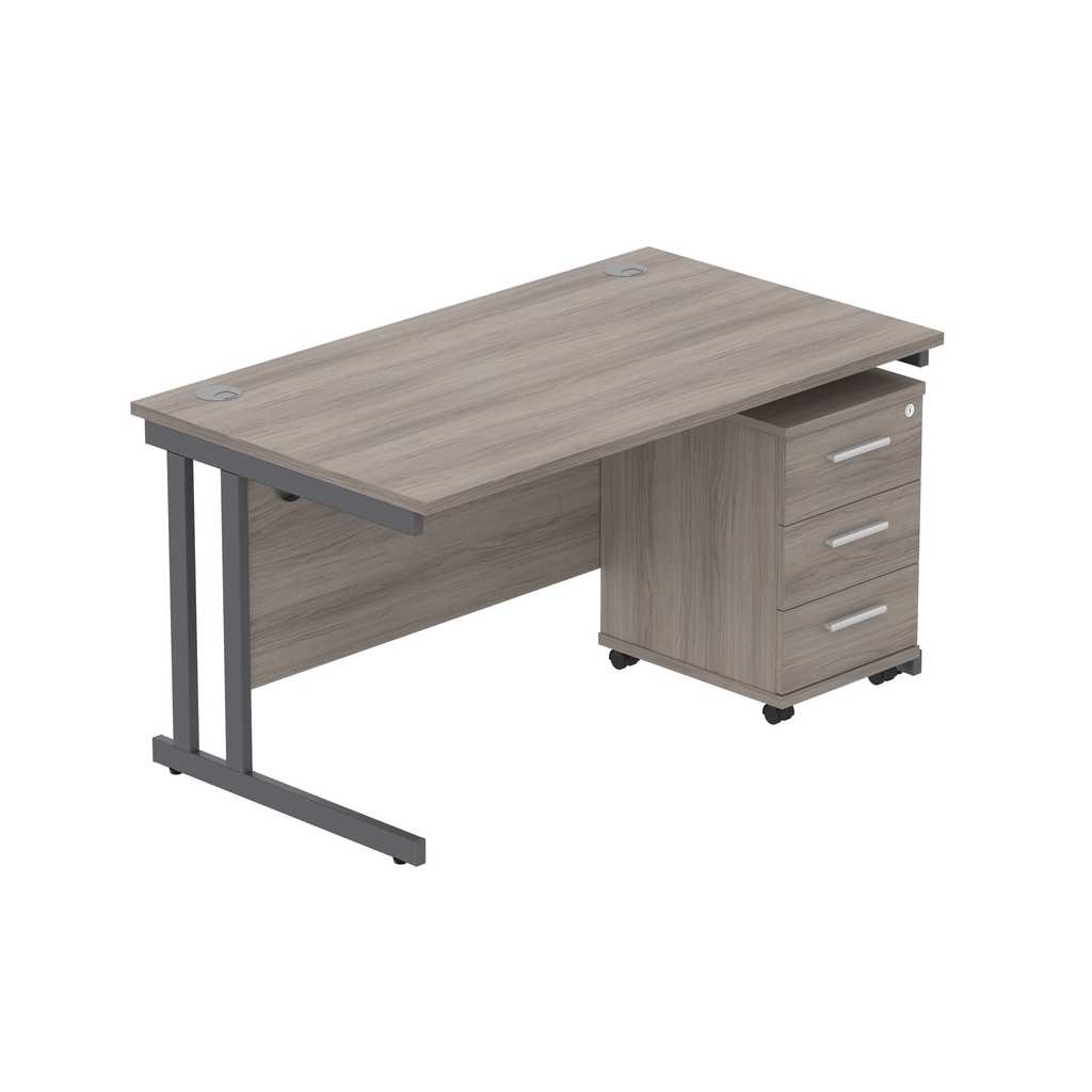 Double Upright Rectangular Desk + 3 Drawer Mobile Under Desk Pedestal (Fsc) | 1400X800 | Alaskan Grey Oak/Graphite
