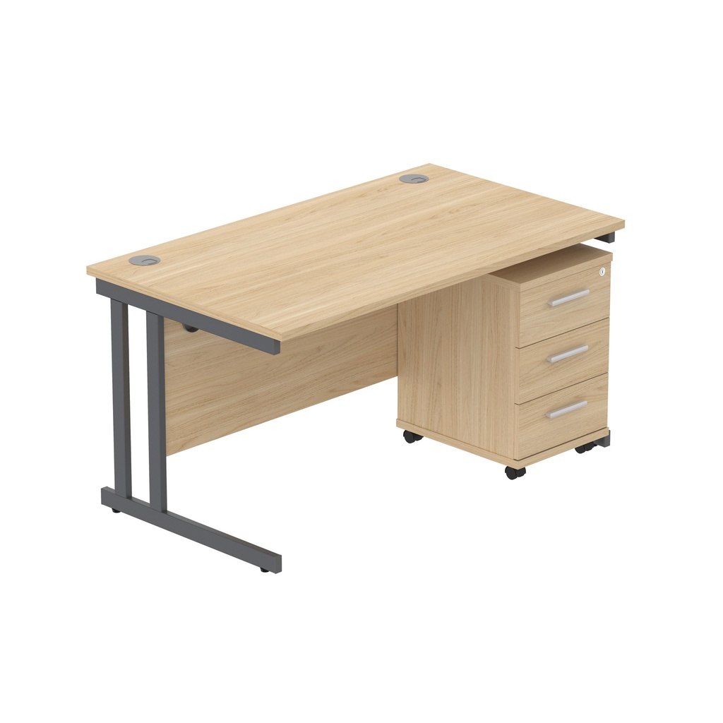 Core|Double Upright|Rectangular Desk With 3 Drawer Mobile Under Desk Pedestal (Fsc)|1400X800|Canadian Oak-Graphite