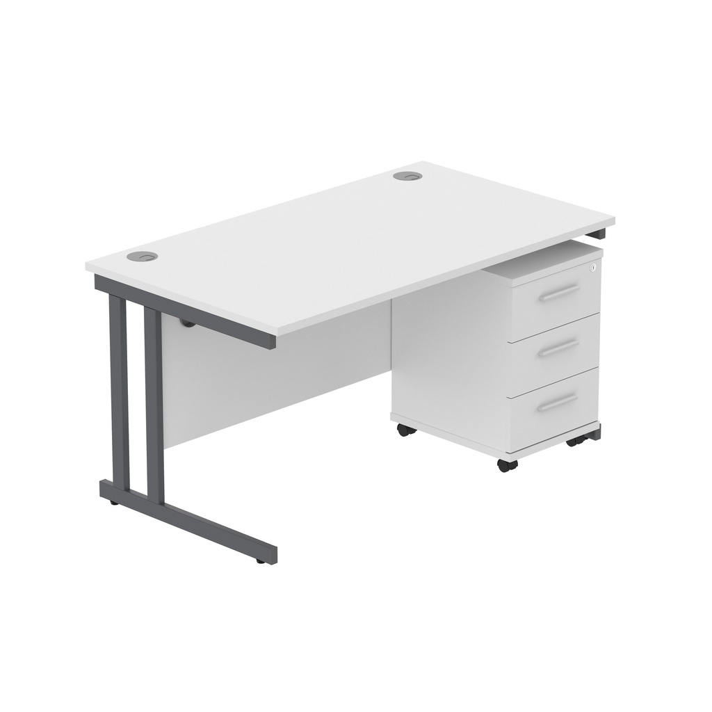 Double Upright Rectangular Desk + 3 Drawer Mobile Under Desk Pedestal (Fsc) | 1400X800 | Arctic White/Graphite