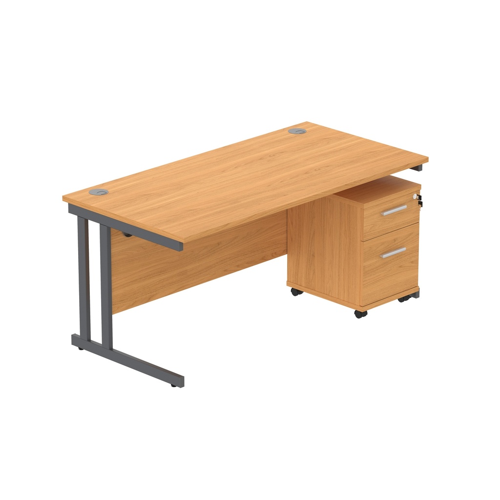 Double Upright Rectangular Desk + 2 Drawer Mobile Under Desk Pedestal (Fsc) | 1600X800 | Norwegian Beech/Graphite