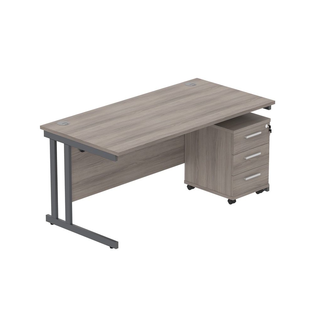 Double Upright Rectangular Desk + 3 Drawer Mobile Under Desk Pedestal (Fsc) | 1600X800 | Alaskan Grey Oak/Graphite