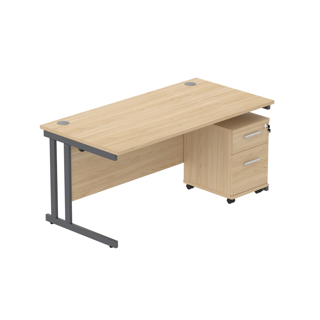 Double Upright Rectangular Desk + 2 Drawer Mobile Under Desk Pedestal (Fsc) | 1600X800 | Canadian Oak/Graphite