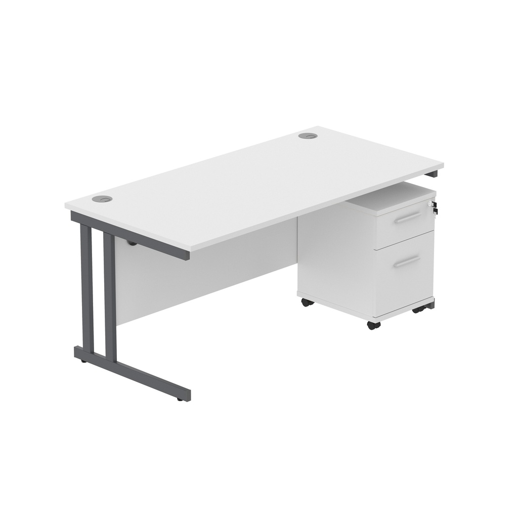 Double Upright Rectangular Desk + 2 Drawer Mobile Under Desk Pedestal (Fsc) | 1600X800 | Arctic White/Graphite