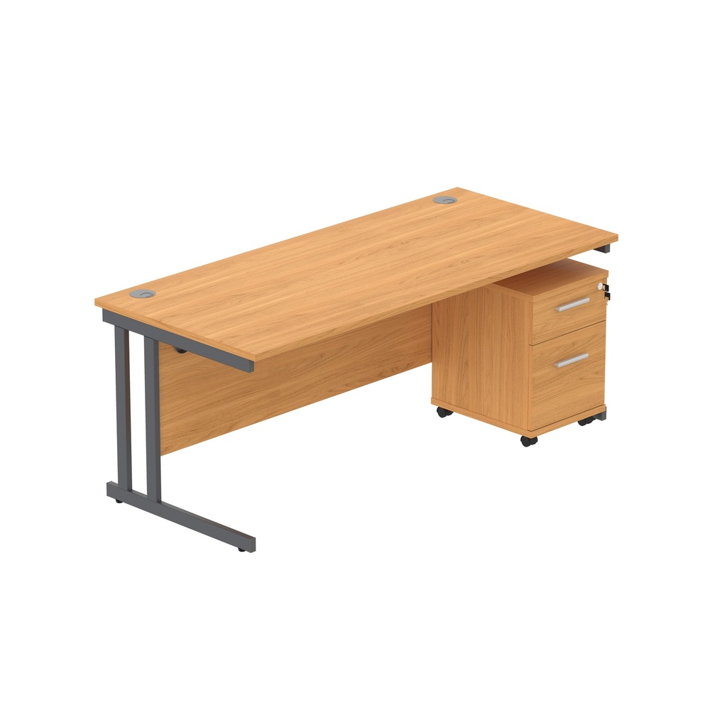 Double Upright Rectangular Desk + 2 Drawer Mobile Under Desk Pedestal (Fsc) | 1800X800 | Norwegian Beech/Graphite