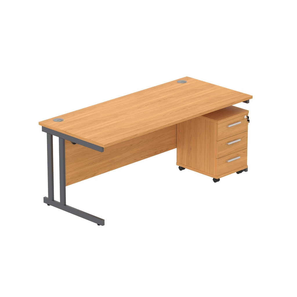 Double Upright Rectangular Desk + 3 Drawer Mobile Under Desk Pedestal (Fsc) | 1800X800 | Norwegian Beech/Graphite