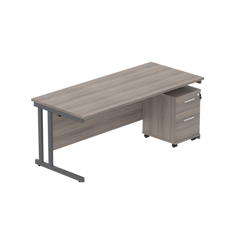 Double Upright Rectangular Desk + 2 Drawer Mobile Under Desk Pedestal (Fsc) | 1800X800 | Alaskan Grey Oak/Graphite