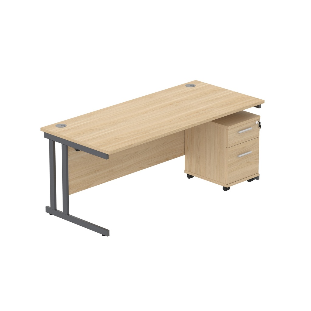 Double Upright Rectangular Desk + 2 Drawer Mobile Under Desk Pedestal (Fsc) | 1800X800 | Canadian Oak/Graphite