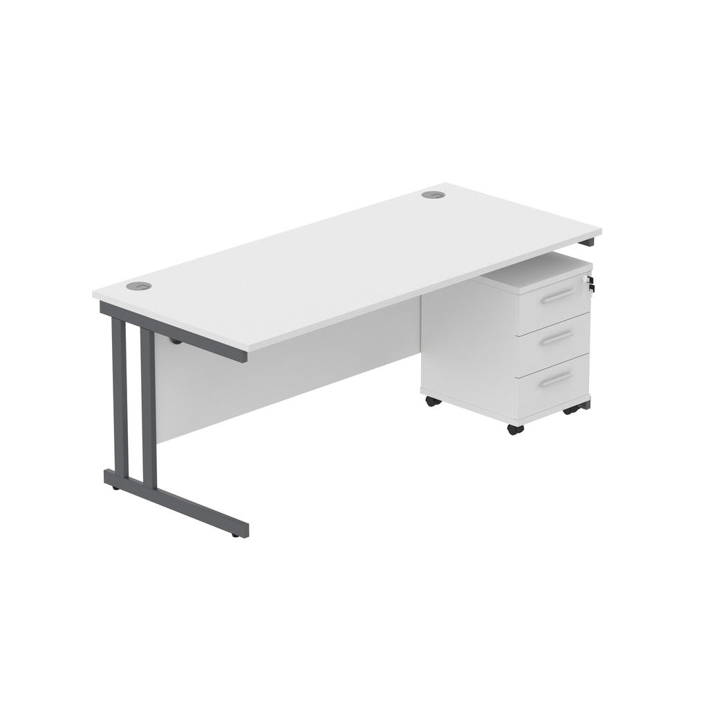 Double Upright Rectangular Desk + 3 Drawer Mobile Under Desk Pedestal (Fsc) | 1800X800 | Arctic White/Graphite