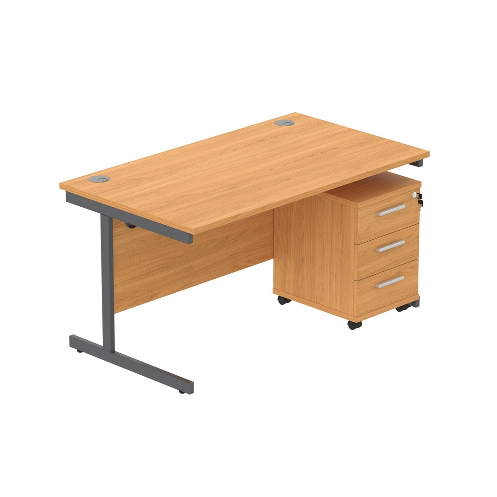 Core|Single Upright|Rectangular Desk With 3 Drawer Mobile Under Desk Pedestal|1400X800|Norwegian Beech-Graphite
