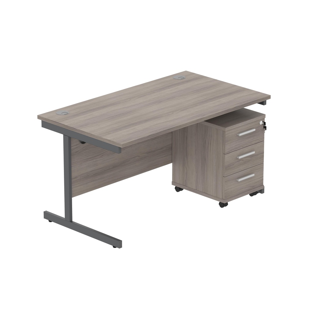 Core|Single Upright|Rectangular Desk With 3 Drawer Mobile Under Desk Pedestal|1400X800|Alaskan Grey Oak-Graphite
