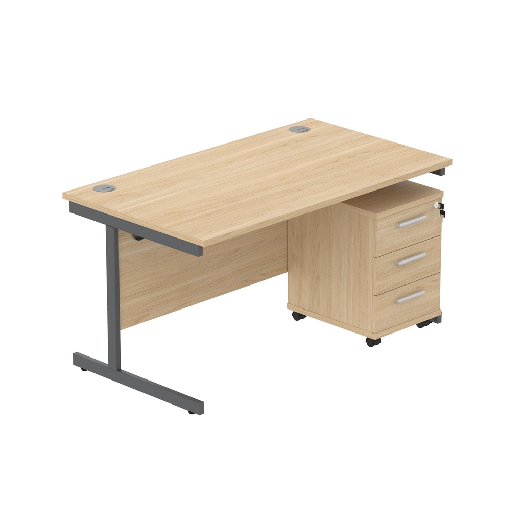 Core|Single Upright|Rectangular Desk With 3 Drawer Mobile Under Desk Pedestal|1400X800|Canadian Oak-Graphite