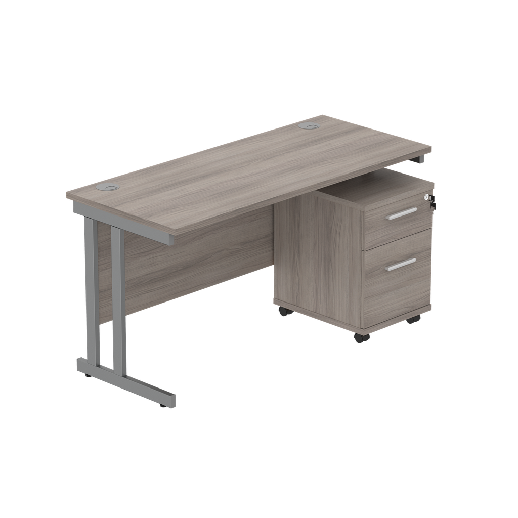 Double Upright Rectangular Desk + 2 Drawer Mobile Under Desk Pedestal (fsc) | 1400X600 | Alaskan Grey Oak/Graphite