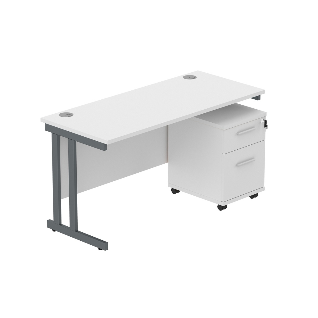 Core|Double Upright|Rectangular Desk With 2 Drawer Mobile Under Desk Pedestal|1400X600|Arctic White-Graphite