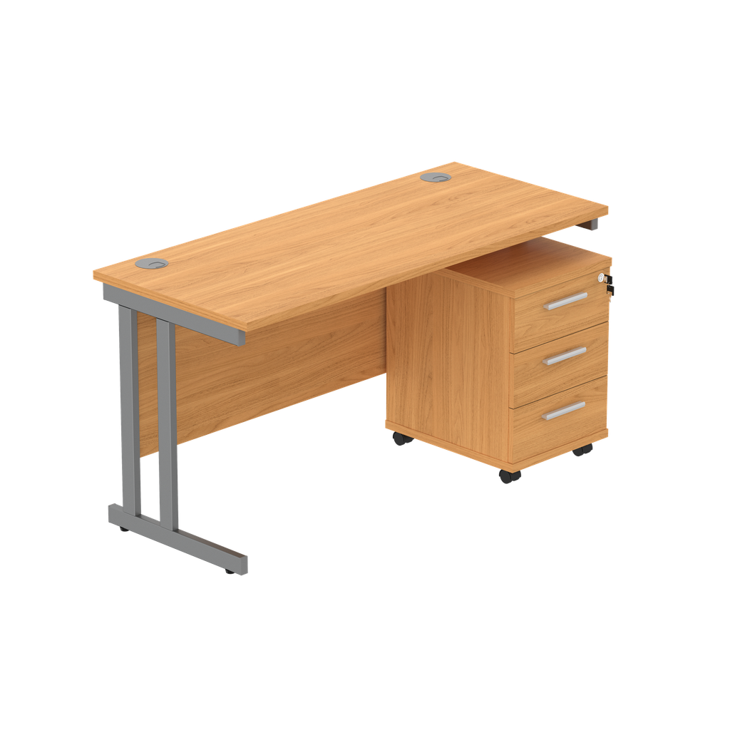 Double Upright Rectangular Desk + 3 Drawer Mobile Under Desk Pedestal (fsc) | 1400X600 | Norwegian Beech/Graphite