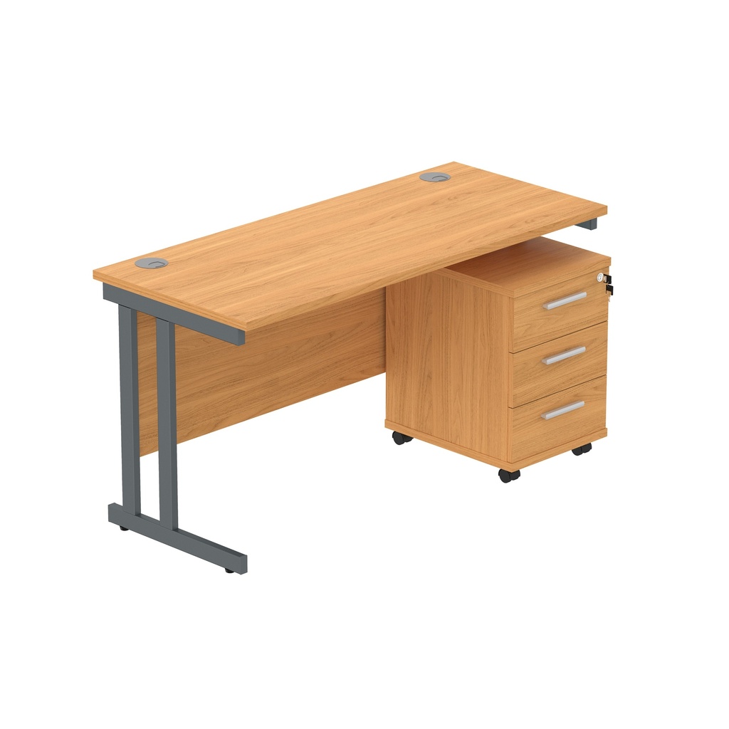 Double Upright Rectangular Desk + 3 Drawer Mobile Under Desk Pedestal (fsc) | 1400X600 | Norwegian Beech/Graphite