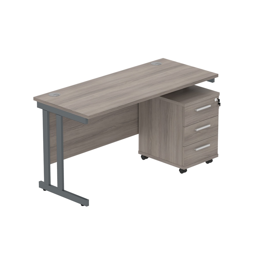 Core|Double Upright|Rectangular Desk With 3 Drawer Mobile Under Desk Pedestal|1400X600|Alaskan Grey Oak-Graphite