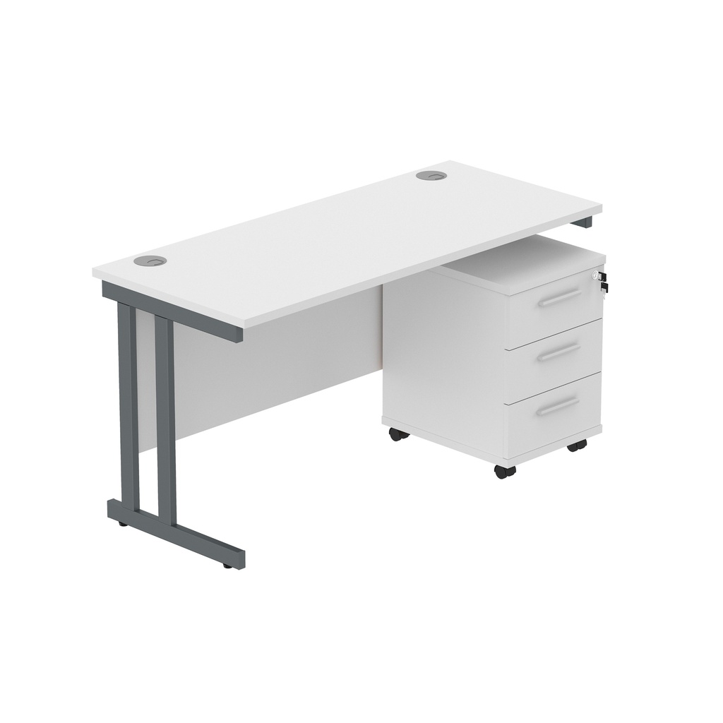 Core|Double Upright|Rectangular Desk With 3 Drawer Mobile Under Desk Pedestal|1400X600|Arctic White-Graphite