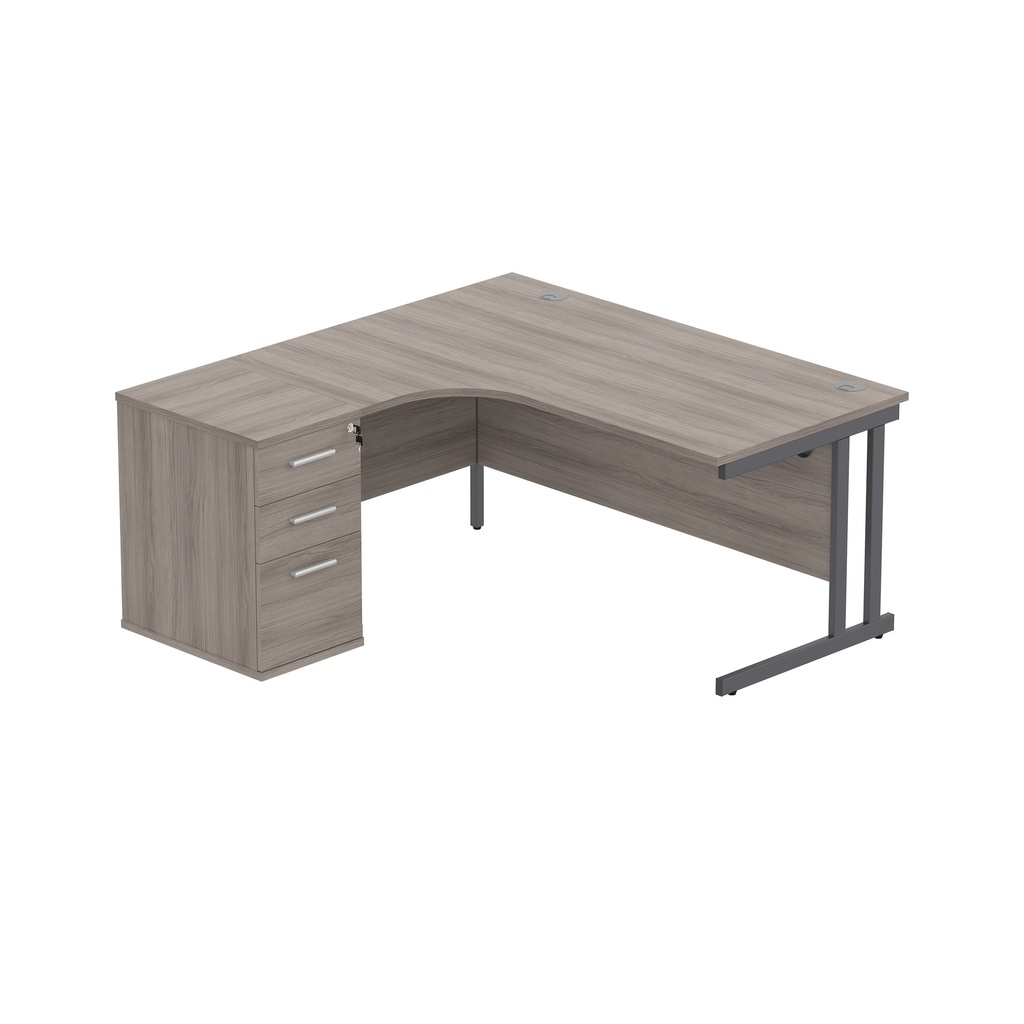 Double Upright Left Hand Radial Desk + Desk High Pedestal (fsc) | 600Mm Deep Pedestal | 1600X1200 | Alaskan Grey Oak/Graphite