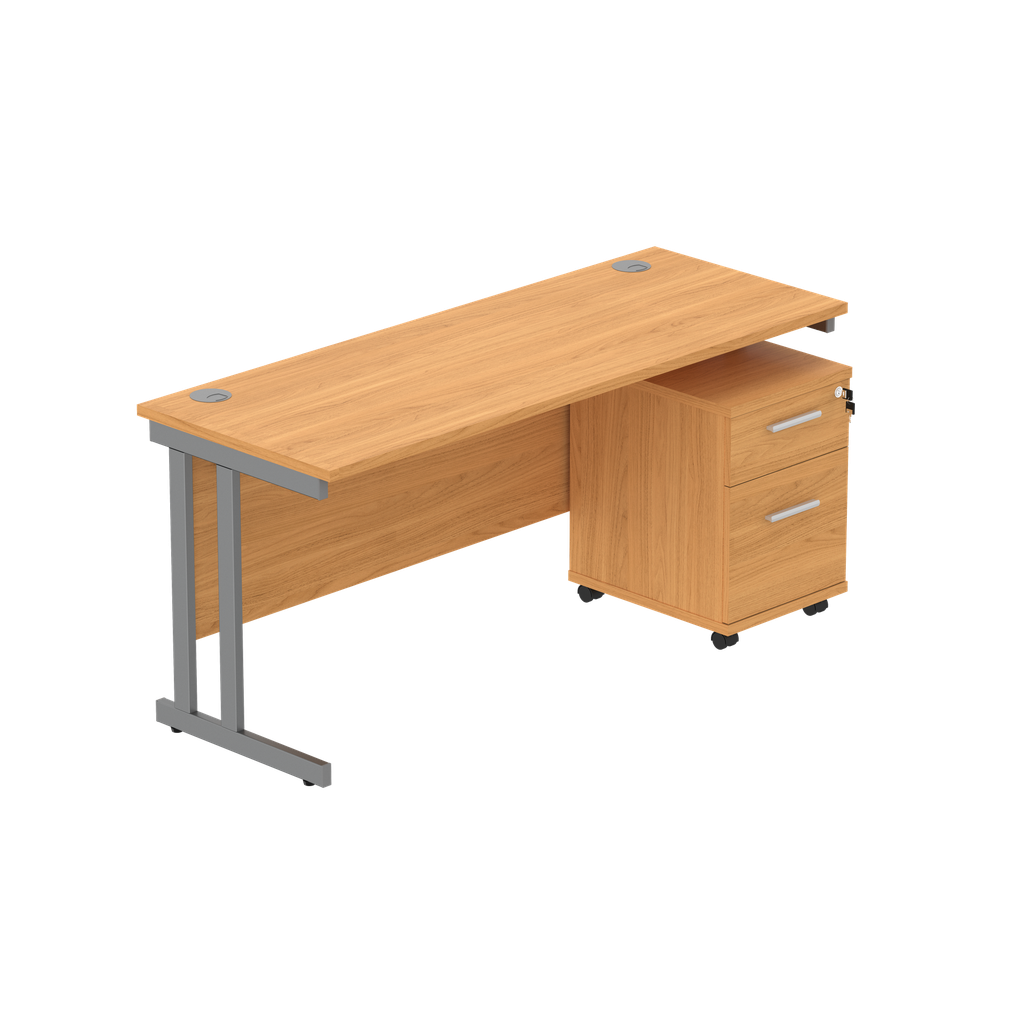 Double Upright Rectangular Desk + 2 Drawer Mobile Under Desk Pedestal (fsc) | 1600X600 | Norwegian Beech/Graphite