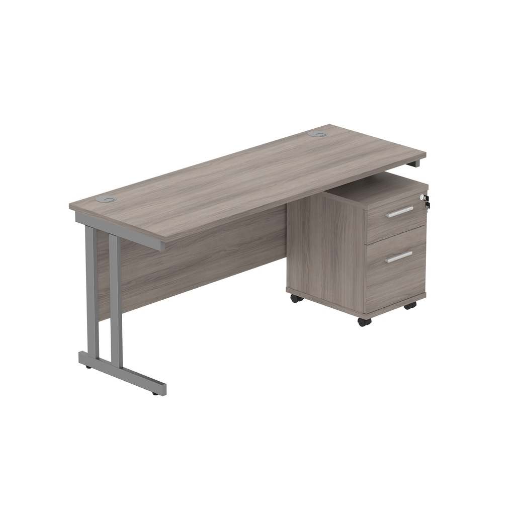 Double Upright Rectangular Desk + 2 Drawer Mobile Under Desk Pedestal (fsc) | 1600X600 | Alaskan Grey Oak/Graphite