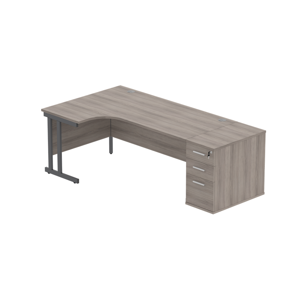 Double Upright Left Hand Radial Desk + Desk High Pedestal (fsc) | 600Mm Deep Pedestal | 1800X1200 | Alaskan Grey Oak/Graphite