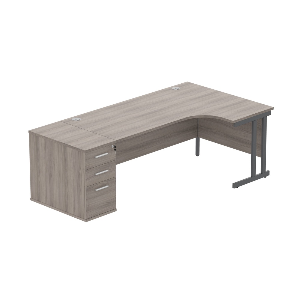 Double Upright Right Hand Radial Desk + Desk High Pedestal (fsc) | 600Mm Deep Pedestal | 1800X1200 | Alaskan Grey Oak/Graphite