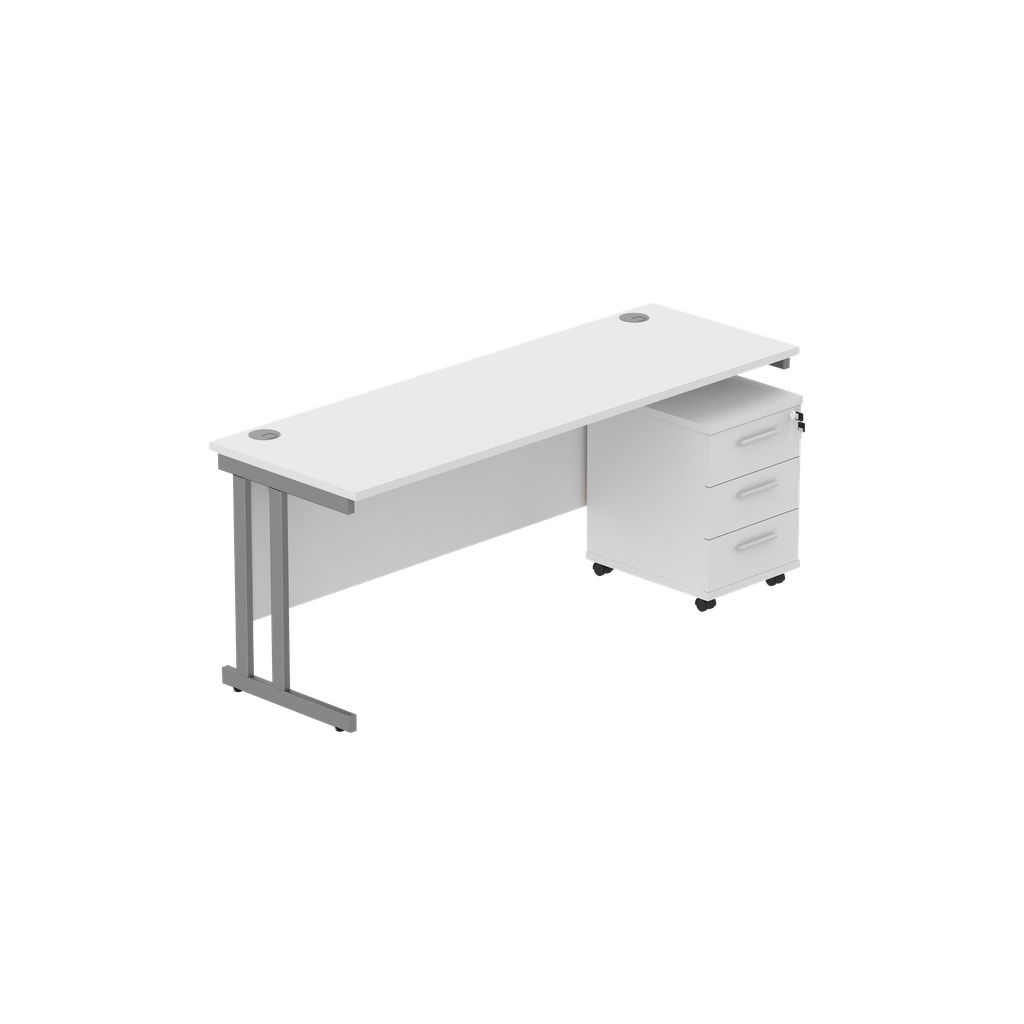 Double Upright Rectangular Desk + 3 Drawer Mobile Under Desk Pedestal (fsc) | 1800X600 | Arctic White/Graphite