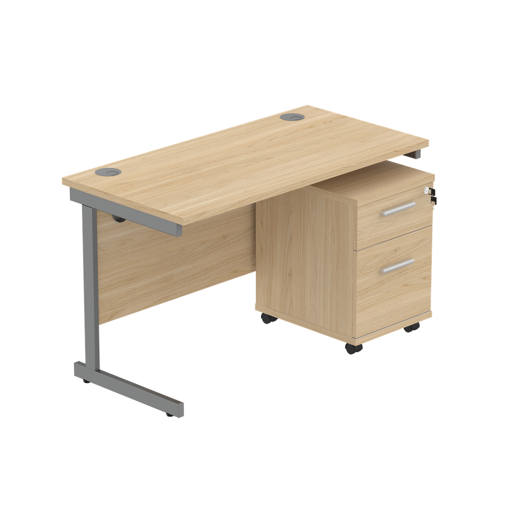 Single Upright Rectangular Desk + 2 Drawer Mobile Under Desk Pedestal (fsc) | 1200 X 600 | Canadian Oak/Graphite