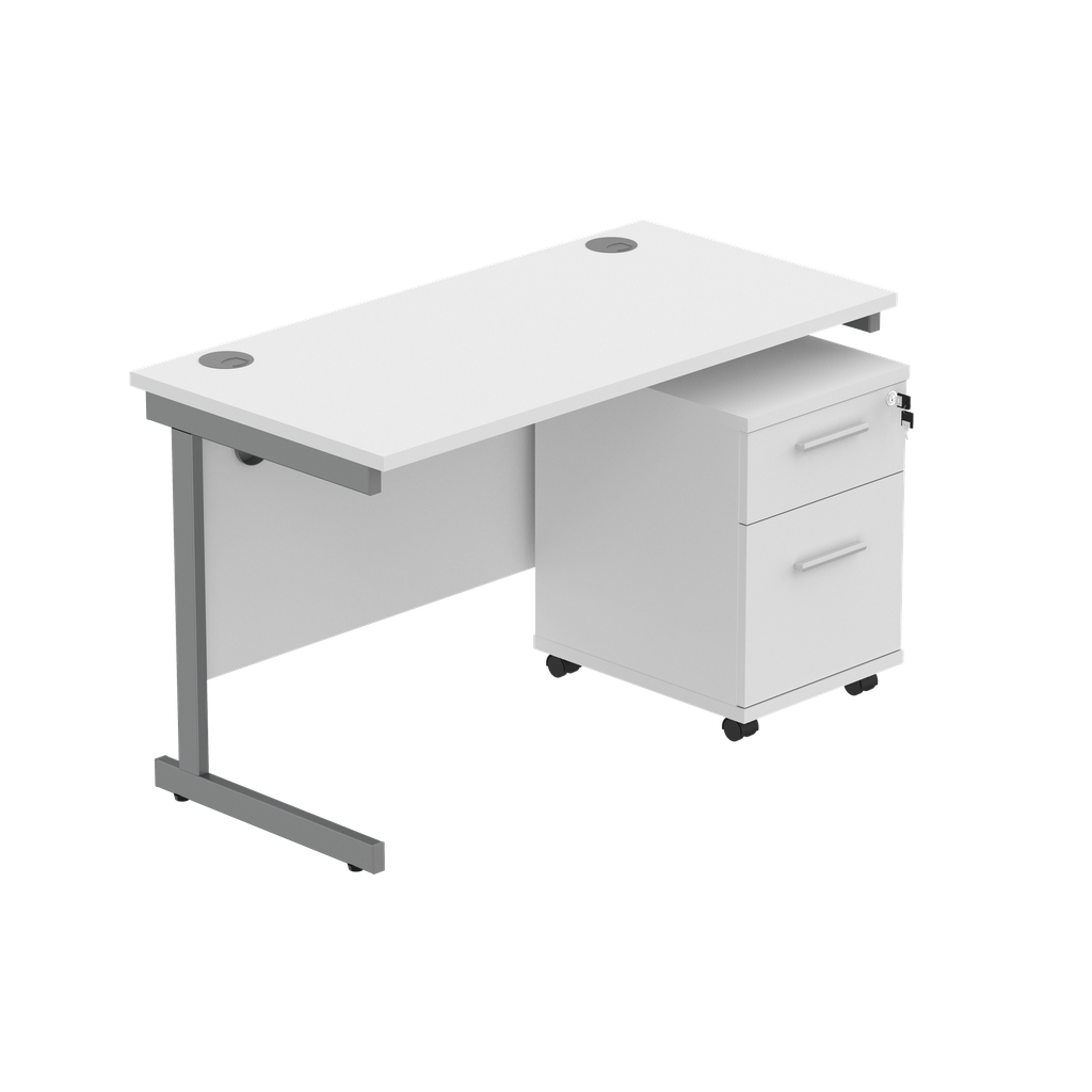Single Upright Rectangular Desk + 2 Drawer Mobile Under Desk Pedestal (fsc) | 1200 X 600 | Arctic White/Graphite