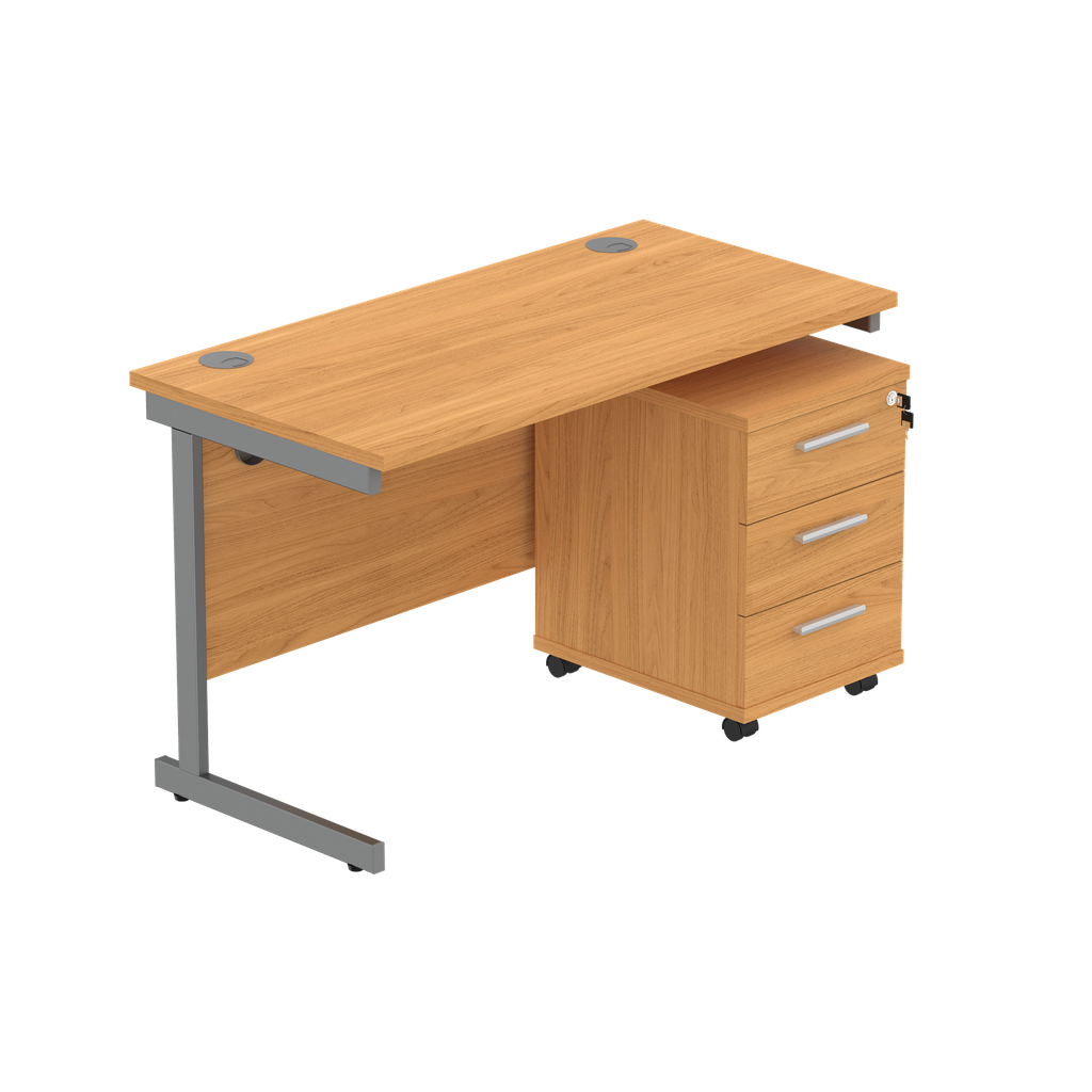 Single Upright Rectangular Desk + 3 Drawer Mobile Under Desk Pedestal (fsc) | 1200 X 600 | Norwegian Beech/Graphite