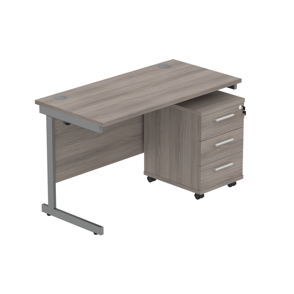 Single Upright Rectangular Desk + 3 Drawer Mobile Under Desk Pedestal (fsc) | 1200 X 600 | Alaskan Grey Oak/Graphite