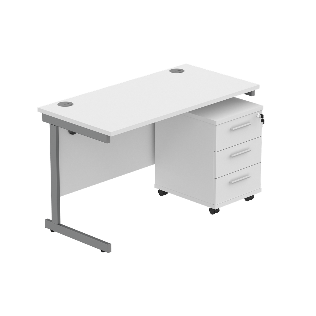 Single Upright Rectangular Desk + 3 Drawer Mobile Under Desk Pedestal (fsc) | 1200 X 600 | Arctic White/Graphite