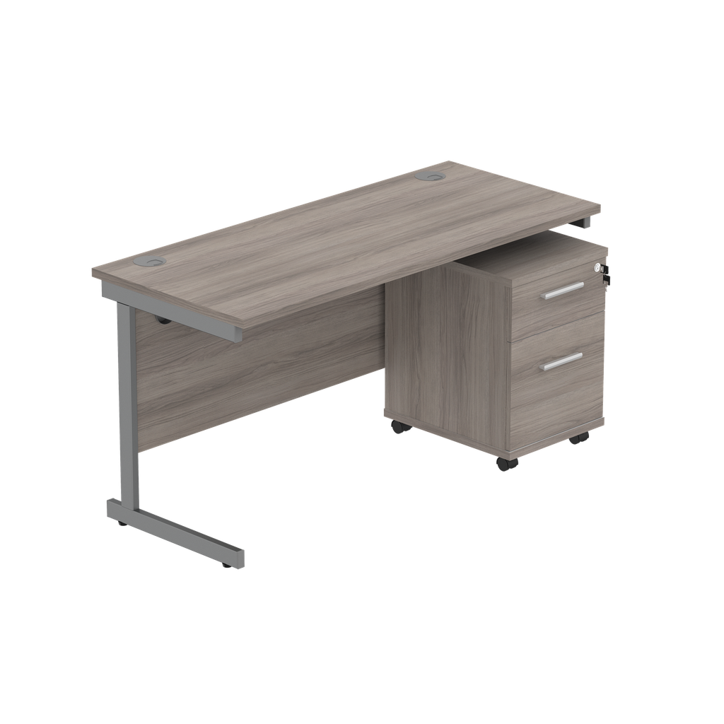 Single Upright Rectangular Desk + 2 Drawer Mobile Under Desk Pedestal (fsc) | 1400 X 600 | Alaskan Grey Oak/Graphite